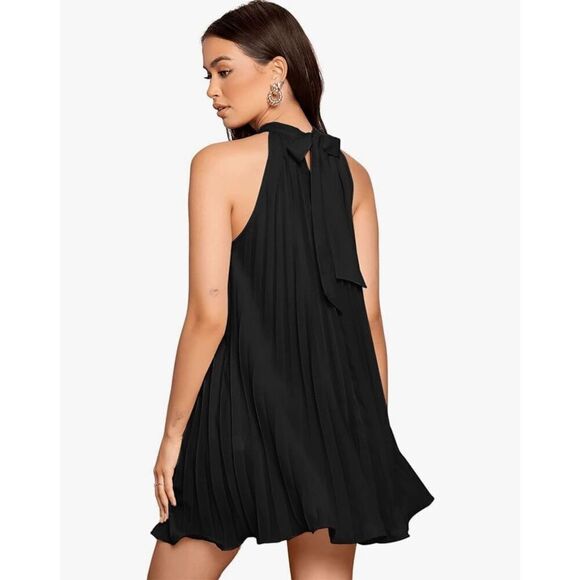 NEW Sleeveless Tie Back Halter Mini Swing Pleated Loose Dress XL - Picture 2 of 5